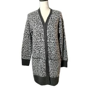 Lucky Brand Womens Sz S Grey Cheetah Print Long Line Open Front Duster Cardigan